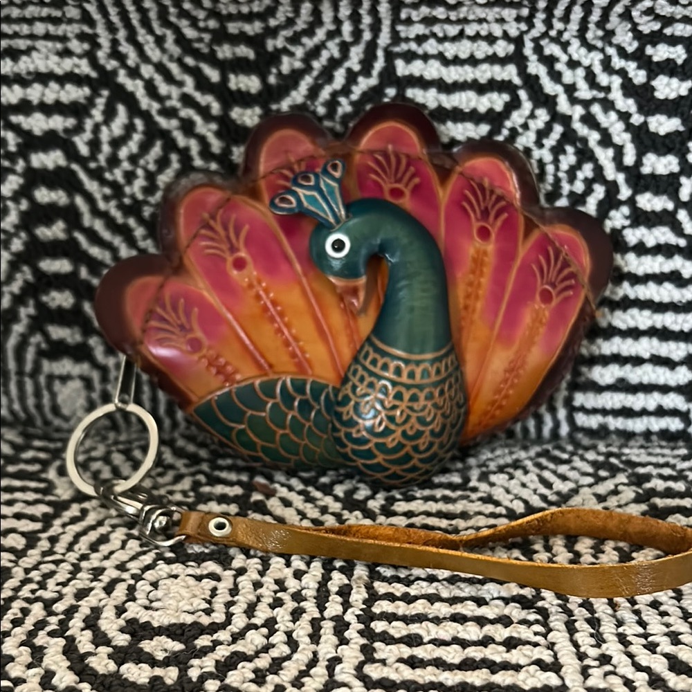 Handcrafted Leather Peacock Coin Purse Wristlet